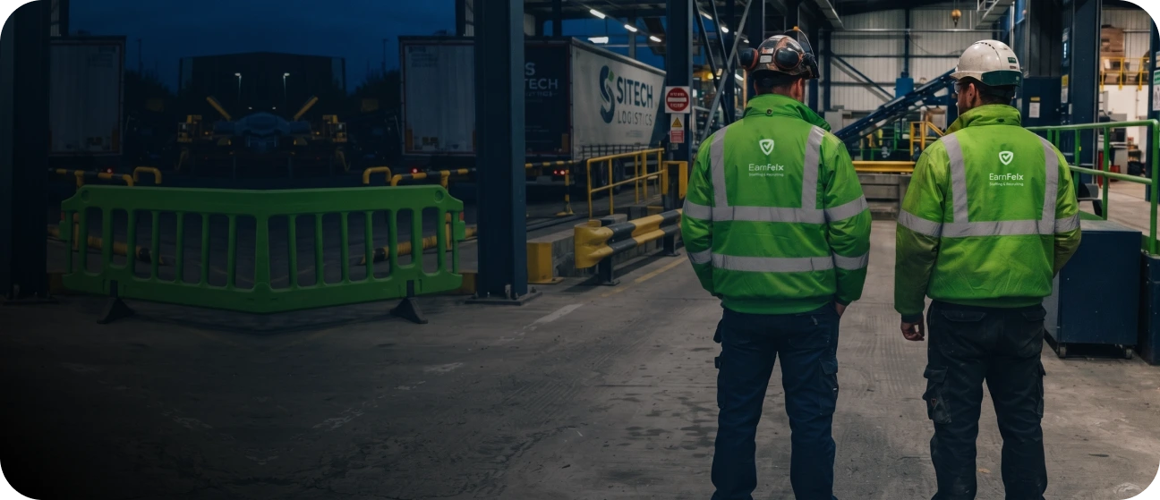 Two EarnFlex workforce staff walking through an industrial logistics site